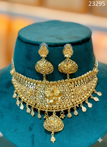 <b>Gold</b> Plated Traditional Floral Necklace <b>Set</b> with Matching <b>Earrings</b> | Indian Bridal Jewelry Wholesale Model 23291 - Product Image 3