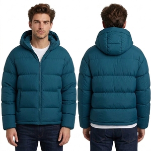 Custom Teal Contemporary <b>Hooded</b> Puffer <b>Jacket</b> for Men in Polyester with Horizontal <b>Padding</b> and Streetwear Design - Product Image 1