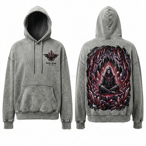 เสื้อฮู้ดซิปสีดำสำหรับผู้ชาย สไตล์สตรีทแวร์ พิมพ์ลายกราฟิก ผ้าฟลีซ ล้างสีแบบแอซิดวอช แต่งดีเทลขาดๆ - Product Image 4