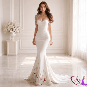 Elegant White Mermaid <b>Wedding</b> Gown | Off Shoulder Lace Sleeve Fitted Bridal <b>Dress</b> With Embroidered Train Premium Designer Wear - Product Image 2