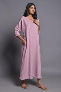 Vestido Largo Informal de Verano para Mujer, Color Morado Claro, Lino y Algodón, Cuello en V, Manga Murciélago 3/4, Corte Holgado - Product Image 3