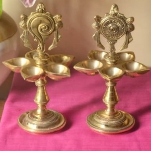Elegant Brass Oil <b>Lamp</b> Pair with Artistic Back Design, Multi Diya Stand for Religious Puja, Temple Decor & Cultural Celebrations - Product Image 4