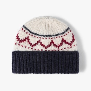 Gorro de punto unisex con patrón geométrico, color crema y marrón, gorro cálido informal de invierno para adultos, 56-58 cm - Product Image 3