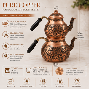 Traditional Turkish Copper <b>Tea</b> Kettle <b>Set</b> Handmade Enamel Copper Teapot Samovar Wooden Handle Hotel Restaurant Wholesale OEM - Product Image 5