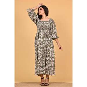Robe maxi bohème en coton 100% indien à imprimé bloc, pour femmes, à manches longues smockées, pour l'été et l'automne, à porter pour les fêtes - Product Image 4