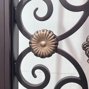 Puerta de entrada de hierro forjado resistente al óxido, fácil de montar, con un panel de vidrio arqueado y un diseño con motivos intrincados. - Product Image 5