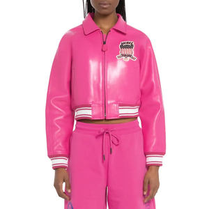 <b>Pink</b> PU Bomber <b>Jacket</b> With Embroidered Patch Design Turn-Down Collar Zipper Closure Streetwear Style Short Length - Product Image 1