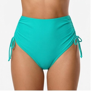 Women High Waist Solid Color <b>Bikini</b> Bottoms With Side Drawstring Ruched Design Stretch Swimwear - Product Image 1