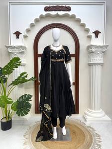 Black Embroidered Anarkali Suit Indian Pakistani Clothing Mesh <b>Top</b> Pleated Skirt Salwar Set Wedding <b>Festival</b> Wear - Product Image 1