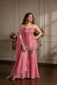 Ensemble Salwar Kameez Punjabi brodé rose avec dupatta à motifs miroir, tenue ethnique indienne traditionnelle - Product Image 2