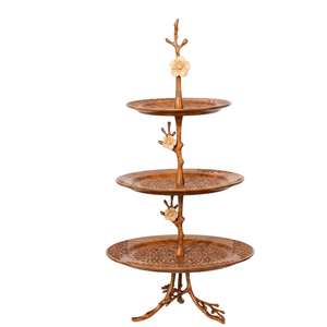 3-Tier Wooden Cake Stand With <b>Engraved</b> Floral Plates & Decorative Branch Handle Elegant Dessert Display Stand For Weddings Decor - Product Image 1