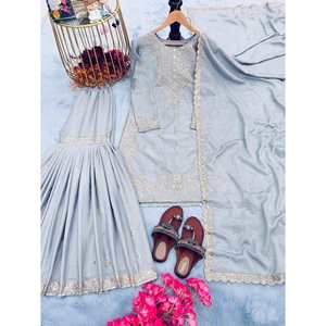 PARTY WEAR CHINON BORDADO SECUENCIA TRABAJO TOP SHARARA CON DUPATTA GRIS - Product Image 1