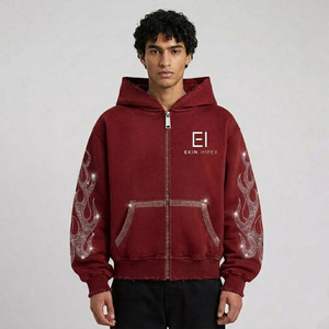 Sweat à capuche zippé pour homme personnalisé, bordeaux, style vintage, effet délavé, avec motif flamme en strass de cristal, bordure vieillie rouge vin, épais - Product Image 3