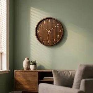 Horloge murale silencieuse, finition bois, horloge analogique, chiffres dorés, mouvement à quartz, horloge murale décorative moderne pour salon, chambre à coucher - Product Image 5