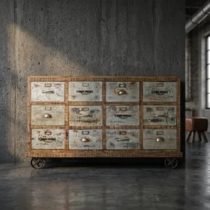 Industrial Wooden Iron Cabinet <b>on</b> <b>Wheels</b> Vintage Rolling Storage <b>Chest</b> 12 <b>Drawer</b> Rustic Metal Filing Organizer Furniture - Product Image 3
