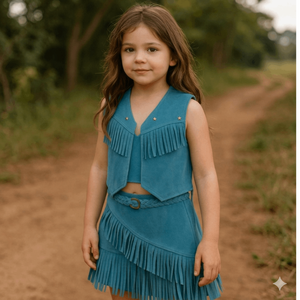 Ensemble coordonné pour filles, couleur turquoise, avec détails frangés, sans manches, et jupe ceinturée - Product Image 2