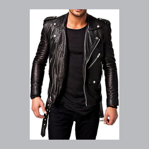 Blouson de motard en cuir véritable pour homme, style vintage vieilli, avec patchwork gaufré, fermeture éclair, col montant, coupe ajustée - Product Image 3