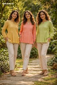 Latest <b>Linen</b> Cotton Solid Full-Sleeve Peplum Top & Pocket Pant Ready made <b>Set</b> Collection Manufacturer from Surat Indian Supplier - Product Image 2