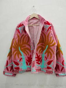 Luxury Pink <b>Velvet</b> Embroidered Suzani <b>Jacket</b> With Floral Pattern Full Sleeve Stand Collar Handmade <b>Women's</b> Autumn Outerwear - Product Image 2