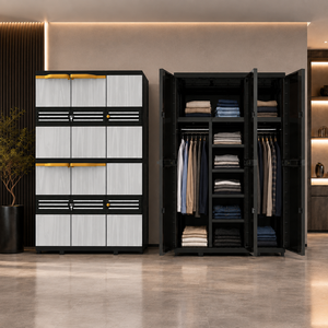 Naiba Mega <b>Portable</b> Plastic Cabinet/<b>Wardrobe</b> with Gray Wood Style Hinged Doors & Hanger for Clothing & Bedroom Storage - Product Image 1