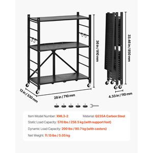 Scaffale Pieghevole a 3 Ripiani 28L x 13P x 36A Pollici, con 5 Ruote, Unità di Stoccaggio in Metallo Senza Montaggio, Organizzatore per Conservazione Alimenti - Product Image 4