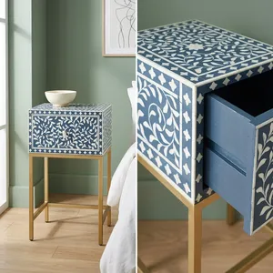 Decorative Modern Handmade <b>Wooden</b> <b>Coffee</b> <b>Table</b> with Blue White Floral Inlay and Gold Metal <b>Legs</b> Single Drawer - Product Image 5