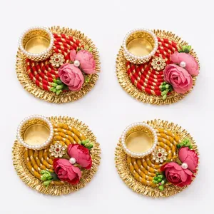 Handmade Round <b>Tea</b> <b>Light</b> <b>Holder</b> with Red Yellow Floral Design for Thanksgiving Christmas Home Decoration AARNA COLLECTION Luxury - Product Image 1
