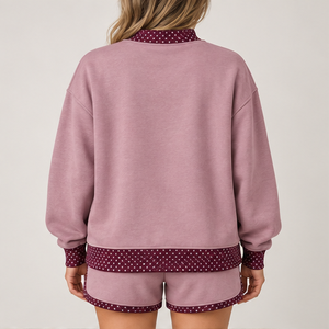 Ensemble short 2 pièces décontracté et sportif pour femme, col montant, motif pois contrastant mauve poudré, personnalisable - Product Image 2