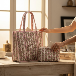 Sac fourre-tout en coton matelassé à motif lettres jaunes, fermeture ouverte, grande capacité, poignée longue, utilisation quotidienne, réutilisable - Product Image 3