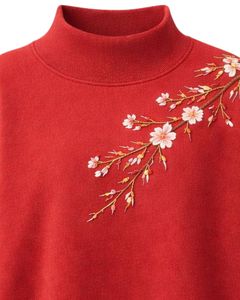 Sudadera de cuello alto para mujer, color rojo cereza, con bordado floral, manga larga, informal, de invierno, suave mezcla de algodón, venta al por mayor para damas - Product Image 5