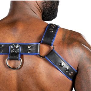 Mens Leather Chest <b>Harness</b> With O-Ring Blue Trim Adjustable Fit BDSM Gear For Male Adult Use - Product Image 6