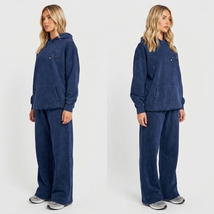 Custom Made Acid <b>Washed</b> Tracksuits Plus Size Winter Solid Lace Casual Two Piece Embroidery Logo Streetwear Fashionable - Product Image 3