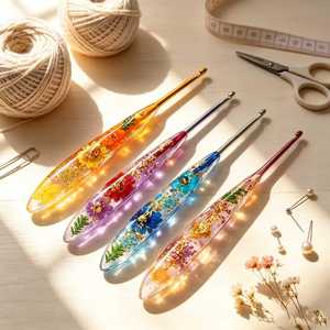 เข็มโครเชต์เรซิ่นฝังดอกไม้และใบไม้ งานฝีมือศิลปะทำมือ อุปกรณ์สำหรับถักนิตติ้ง เย็บปักถักร้อย จับถนัดมือ ของสะสมงานศิลป์ - Product Image 4
