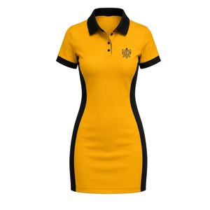 Women Yellow <b>Dress</b> <b>Shirt</b> with Black Collar Cuffs and Side Panels <b>Short</b> <b>Sleeve</b> Embroidered Crest Fitted Uniform Fashion Top - Product Image 1