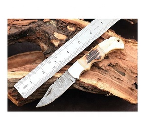 DIY Outdoor Hunting <b>Tool</b> Stainless Damascus Steel Folding Knife Stag Horn Handle Fine Leather Sheath <b>Back</b> Lock Pocket Knives - Product Image 6