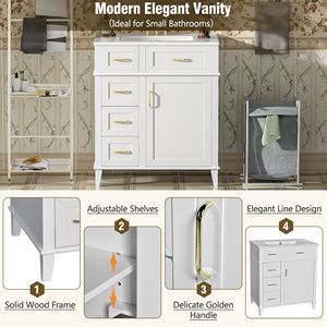 Adjustable Shelf 30-Inch <b>Bathroom</b> <b>Vanity</b> with Soft Close Door & Drawers Featuring Ceramic Sink and Three Soft Close Units - Product Image 4