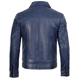 Blouson en cuir véritable pour homme, coupe ajustée, bleu vieilli, style motard en peau de mouton, col montant, vêtement d'extérieur hiver - Product Image 4