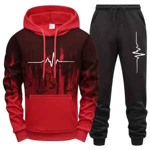 Ensemble de survêtement personnalisé léger et écologique pour homme avec motif battement de cœur, pull à capuche et pantalon de jogging en molleton, vente en gros, 2 pièces - Product Image 1
