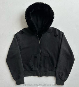 Chaqueta de Forro Polar con Capucha Extra Grande para Hombre, con Ribete de Piel Blanca, Cierre de Cremallera Frontal, Ropa Casual de Invierno, Corte Regular, Color Negro Sólido - Product Image 4