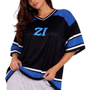 Camiseta deportiva de fútbol americano de primera calidad, personalizada, negra y azul, para mujer, estilo urbano, OEM, ODM, marca privada. - Product Image 1