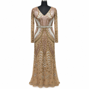 Dramatic Embellished Evening Gown Deep V Neck Sheer Full Sleeves | Geometric Beadwork Narrow Waist Floor Length Chic Party <b>Dress</b> - Product Image 1