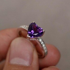 Natural Amethyst <b>Ring</b> Heart Cut Purple Gemstone <b>Ring</b> Sterling <b>Silver</b> February Birthstone Jewelry Gift Women - Product Image 3