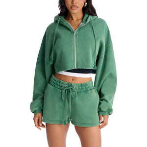 Conjunto de Sudadera Corta Oversize Verde con Estampado y Lavado Ácido para Mujer, Ajuste Holgado, Cremallera Frontal, Hombros Caídos, Casual, Ecológico - Product Image 1