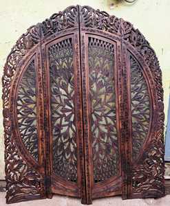 Nouvelle cloison de séparation en bois artisanale avec sculpture florale, design traditionnel, structure à cadre fixe opaque, 3 panneaux - Product Image 3