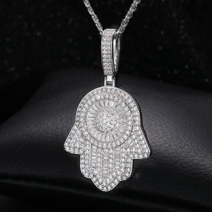 <b>Silver</b> Plated Hamsa Hand Pendant With Rhinestone Inlay Hiphop Style Unisex <b>Charm</b> Gift - Product Image 1