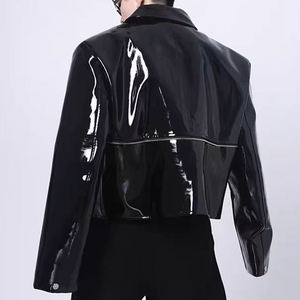 <b>Men's</b> Black PU Leather Bomber <b>Jacket</b> Moto Style Turn-down Collar Zipper Closure Solid Color Regular Length Loose Fit - Product Image 4