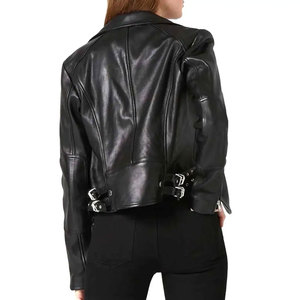 Blouson moto en cuir véritable pour femme, noir, manches longues, fermeture éclair, col montant, style automne, avec rivets - Product Image 2
