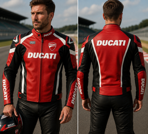 Blouson de course en cuir unisexe Ducati 220g, imprimé par transfert thermique, manches longues, coupe-vent, rouge, noir, blanc, logo avant - Product Image 2
