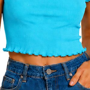 Turquoise Ribbed Crop <b>Top</b> <b>Women</b> Short Sleeve Lettuce Trim Crew Neck Cotton Spandex Slim Fit Casual Summer T Shirt Custom OEM - Product Image 6