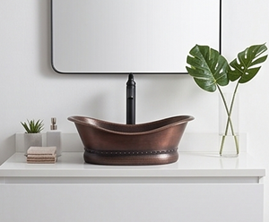 Fregadero de cobre hecho a mano con diseño rústico y superficie mate cepillada para baño - Product Image 3